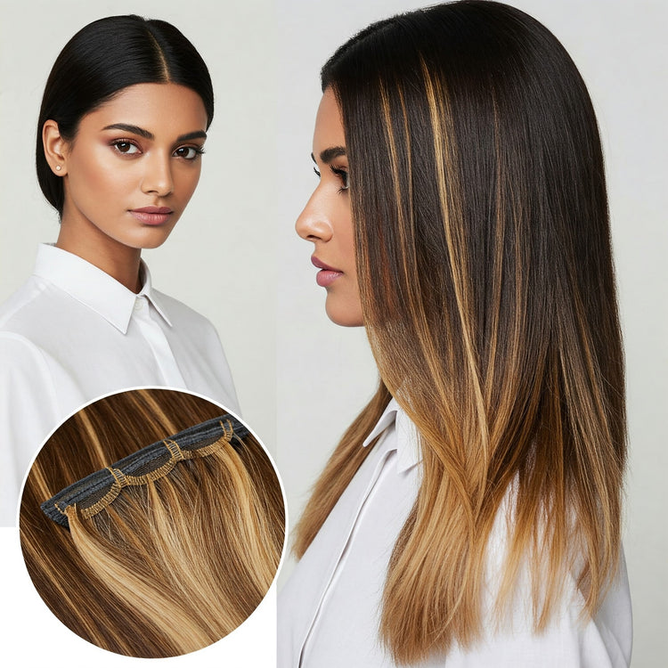 Indian model with subtle colored Feelori hair extensions, inset shows close-up of the colored hair weft.