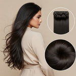 Indian model showing enhanced hair with Feelori extensions, inset shows close-up of silky hair texture.