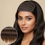 Indian model showing natural coverage with Feelori hair topper, inset shows detailed view of the topper base.