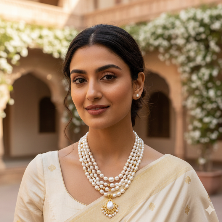 An elegant Indian woman models a FeelOri multi-strand layered pearl necklace with a traditional gold pendant, wearing an off-white saree.