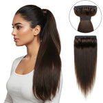 Indian model with voluminous high ponytail using Feelori extension, inset shows attachment mechanism detail.