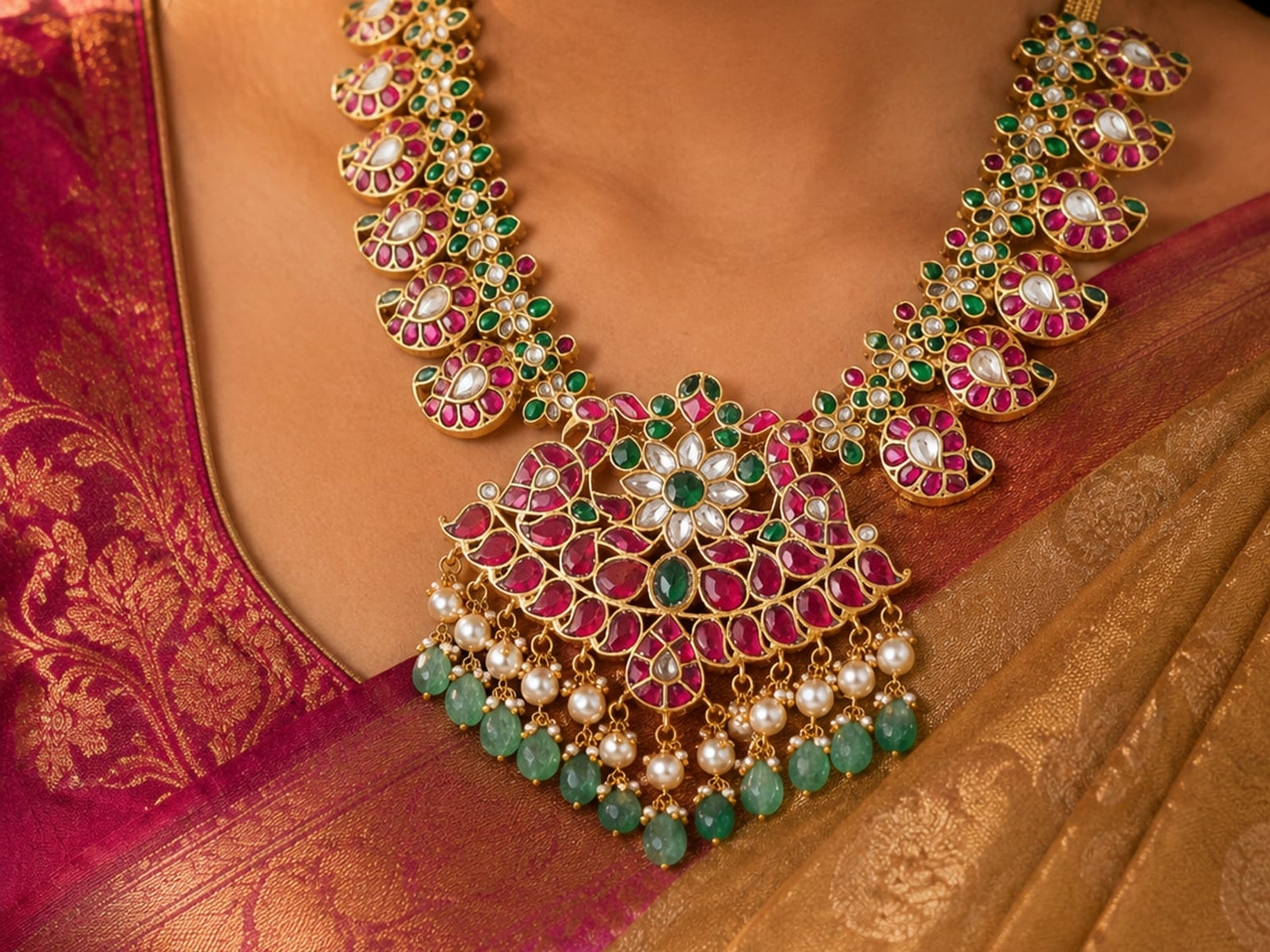 FeelOri real kempu necklace styled with pattu saree for South Indian festive wear