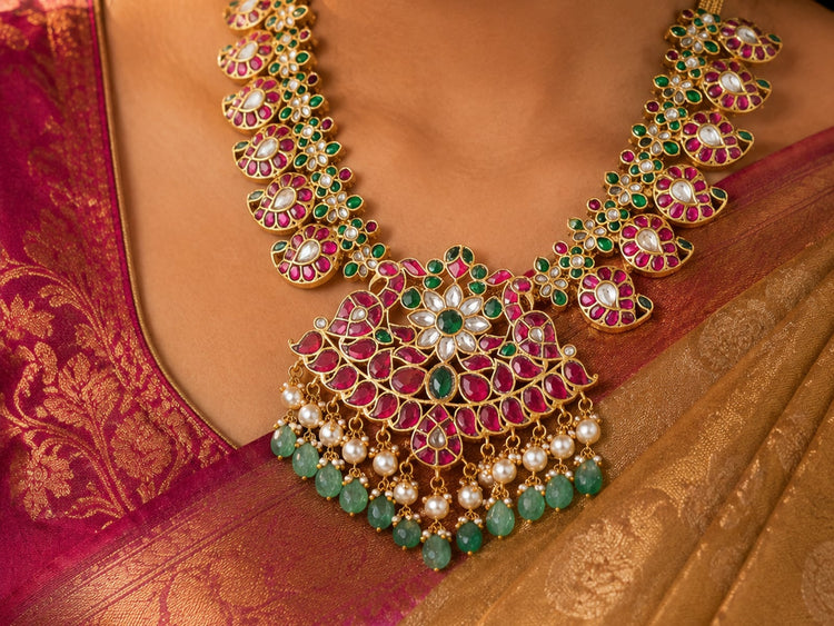 FeelOri real kempu necklace styled with pattu saree for South Indian festive wear