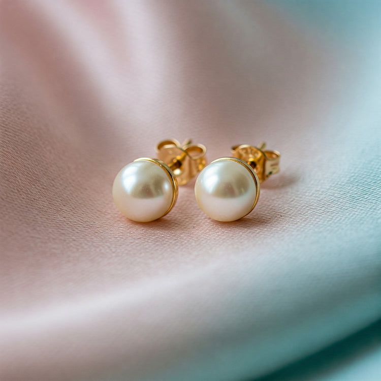 Pair of classic Feelori Real Pearl stud earrings showcasing natural luster, set in simple base - timeless Indian jewelry.