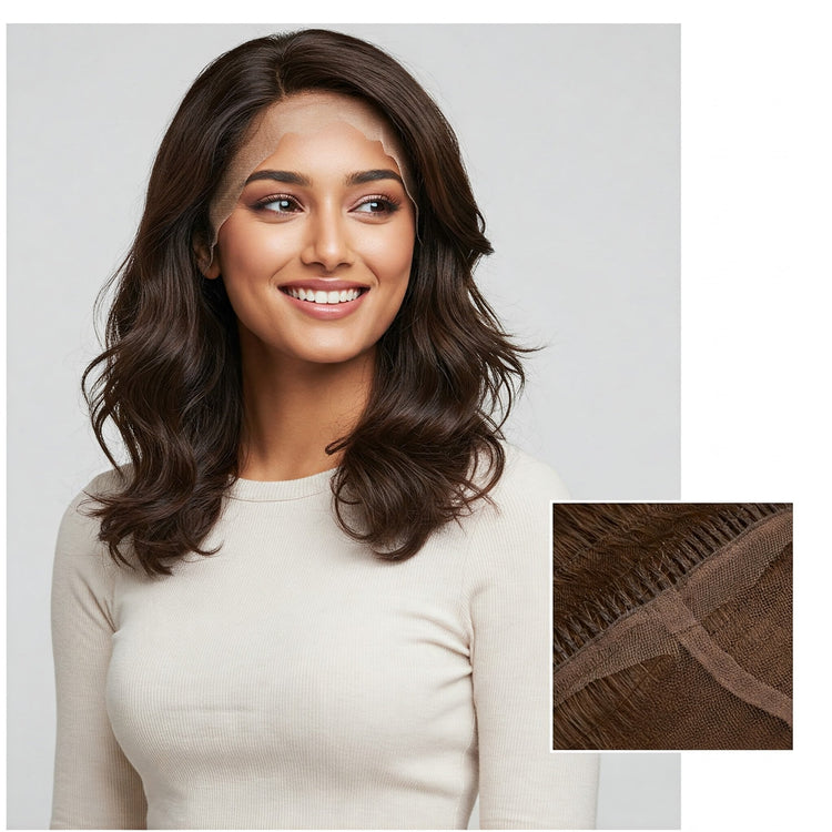 Indian model wearing natural-looking Feelori wig, inset shows detail of the wig's hairline or texture.