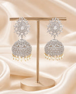 Silver-tone rhodium CZ jhumka earrings with pearl-look drops by FeelOri