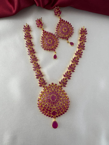 FeelOri Gold Plated Ruby Leaf Mandala Necklace Set - Full front view showcasing the grand central pendant and matching earrings.