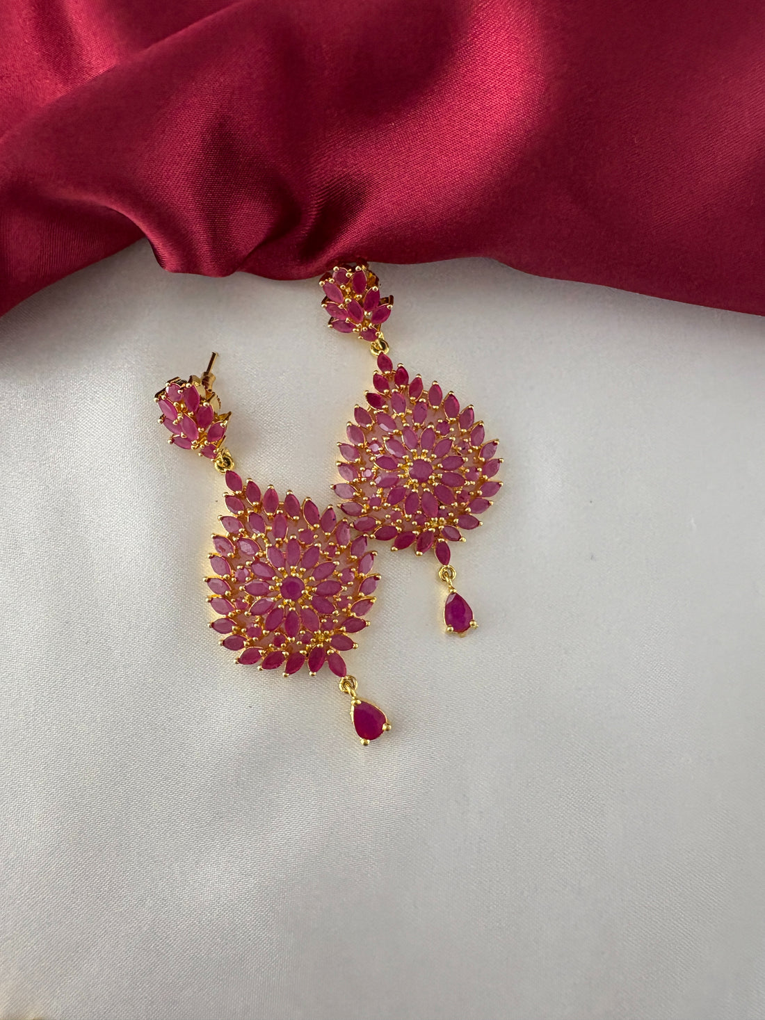 FeelOri Gold Plated Ruby Leaf Mandala Earrings - Detailed view of the matching push-back earrings with intricate stone placement.