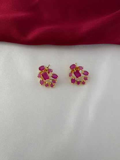 FeelOri Gold Plated Ruby Petal Earrings - Close-up view of the clustered ruby-hued stones set in a fan-like design, highlighting their intricate detail.