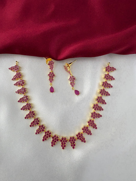 FeelOri Gold Plated Ruby Grapevine Cluster Necklace Set - Full ensemble showing the intricate arrangement of ruby clusters along the necklace and matching drop earrings.