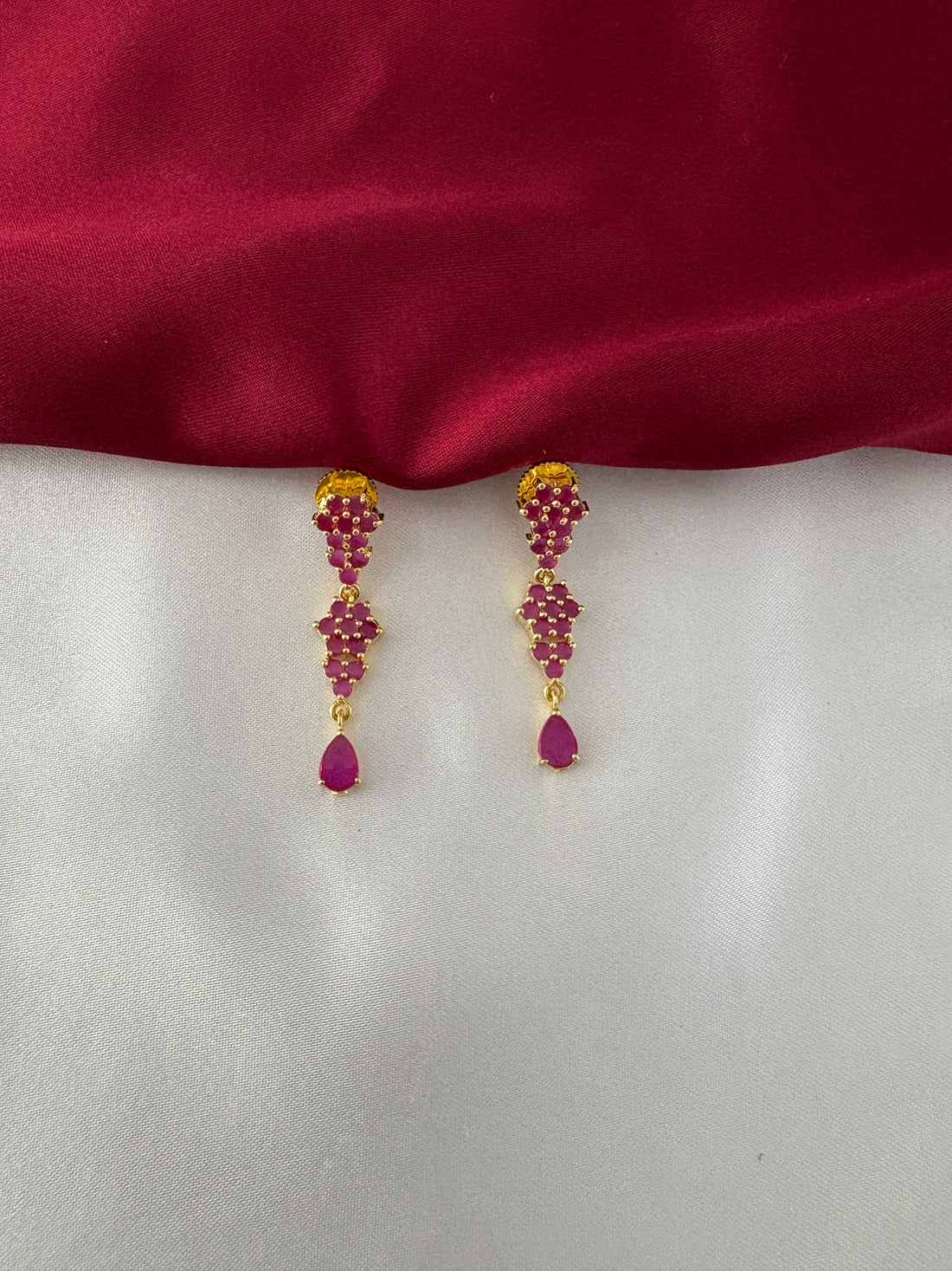 FeelOri Gold Plated Ruby Grapevine Cluster Earrings - Close-up view highlighting the detailed ruby clusters and the elegant teardrop ruby dangle.