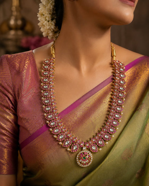 FeelOri 20-inch jadau kundan long haram necklace on jewellery display