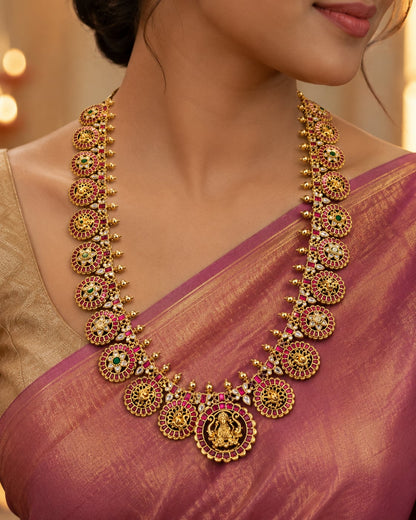 FeelOri 22-inch round motif jadau kundan long haram necklace on jewellery display