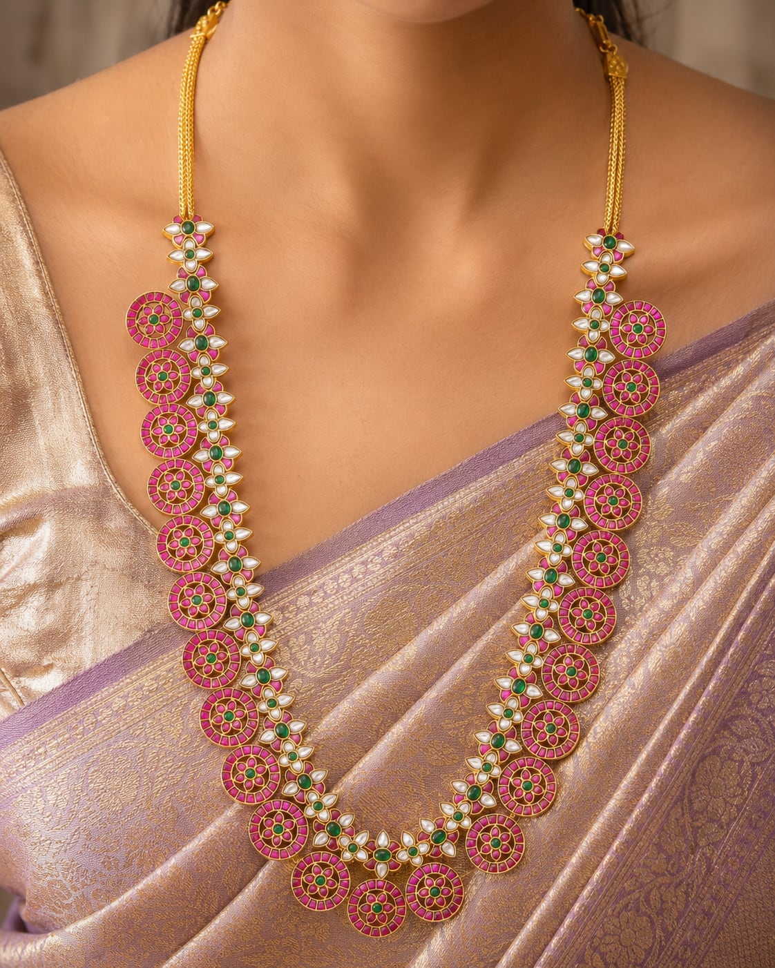 FeelOri 26-inch round motif jadau kundan long haram necklace on jewellery display