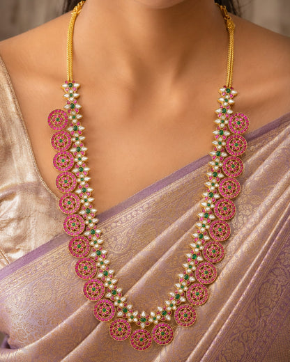FeelOri 26-inch round motif jadau kundan long haram necklace on jewellery display