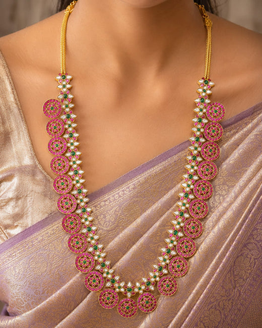 FeelOri 26-inch round motif jadau kundan long haram necklace on jewellery display