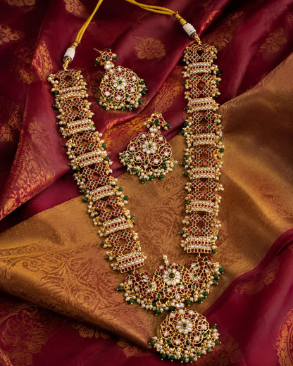 FeelOri jadau kundan long haram necklace with matching earrings on saree fabric