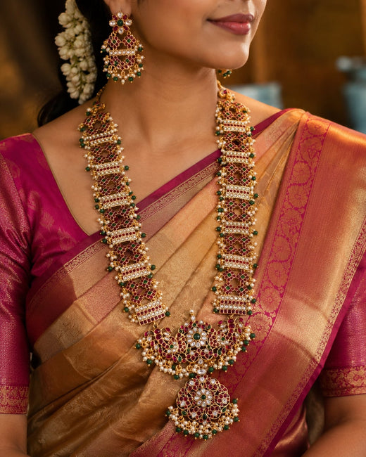 FeelOri jadau kundan long haram necklace with matching earrings styled on a saree look