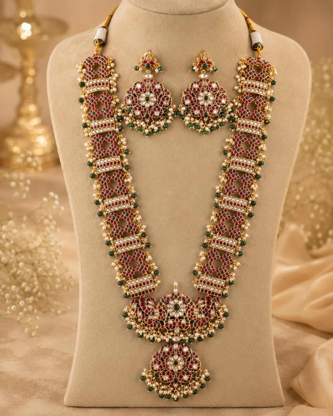 FeelOri jadau kundan long haram necklace set with matching earrings for South Indian festive styling