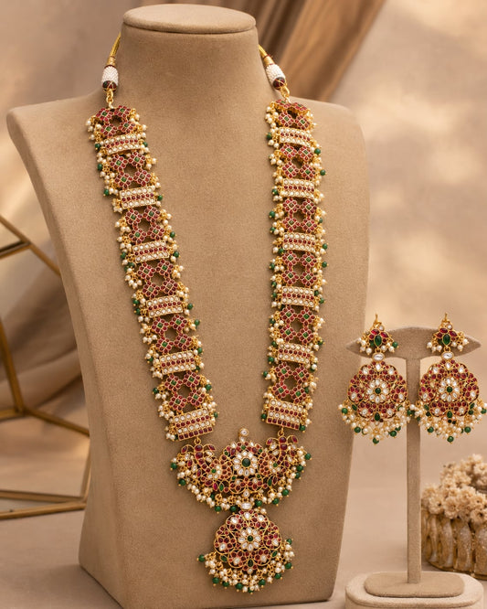 FeelOri Jadau Kundan Patta Haram set with broad linked panels and matching earrings