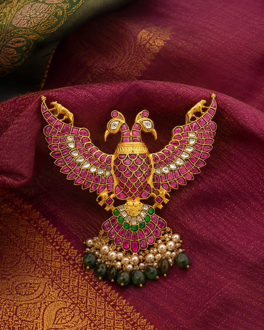 FeelOri bird motif jadau kundan pendant included as pendant only on jewellery display