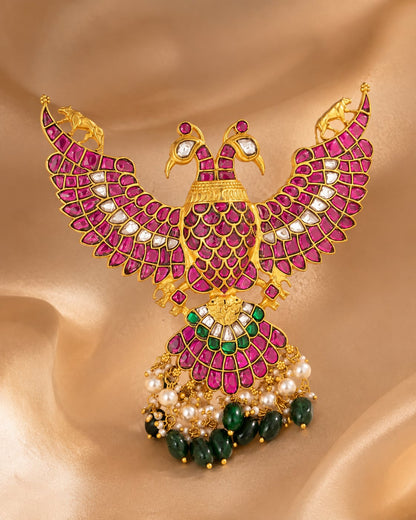 FeelOri bird motif jadau kundan pendant included as pendant only styled with saree fabric