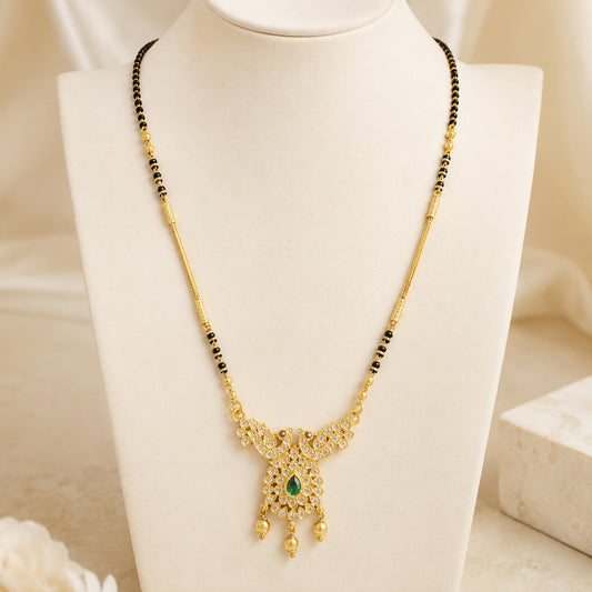 FeelOri Black-Bead Peacock Drop Mangalsutra Necklace, peacock drop pendant detail view