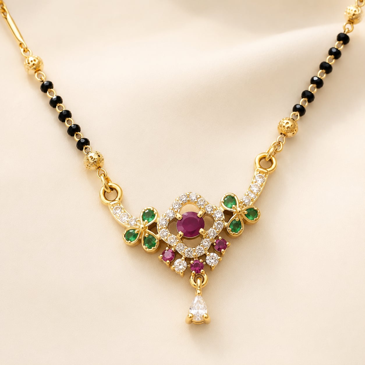 FeelOri black-bead mangalsutra pendant necklace on jewellery display