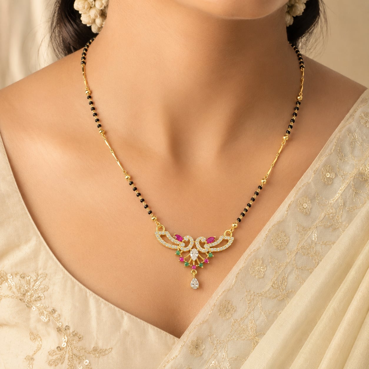 FeelOri black-bead mangalsutra pendant necklace on jewellery display