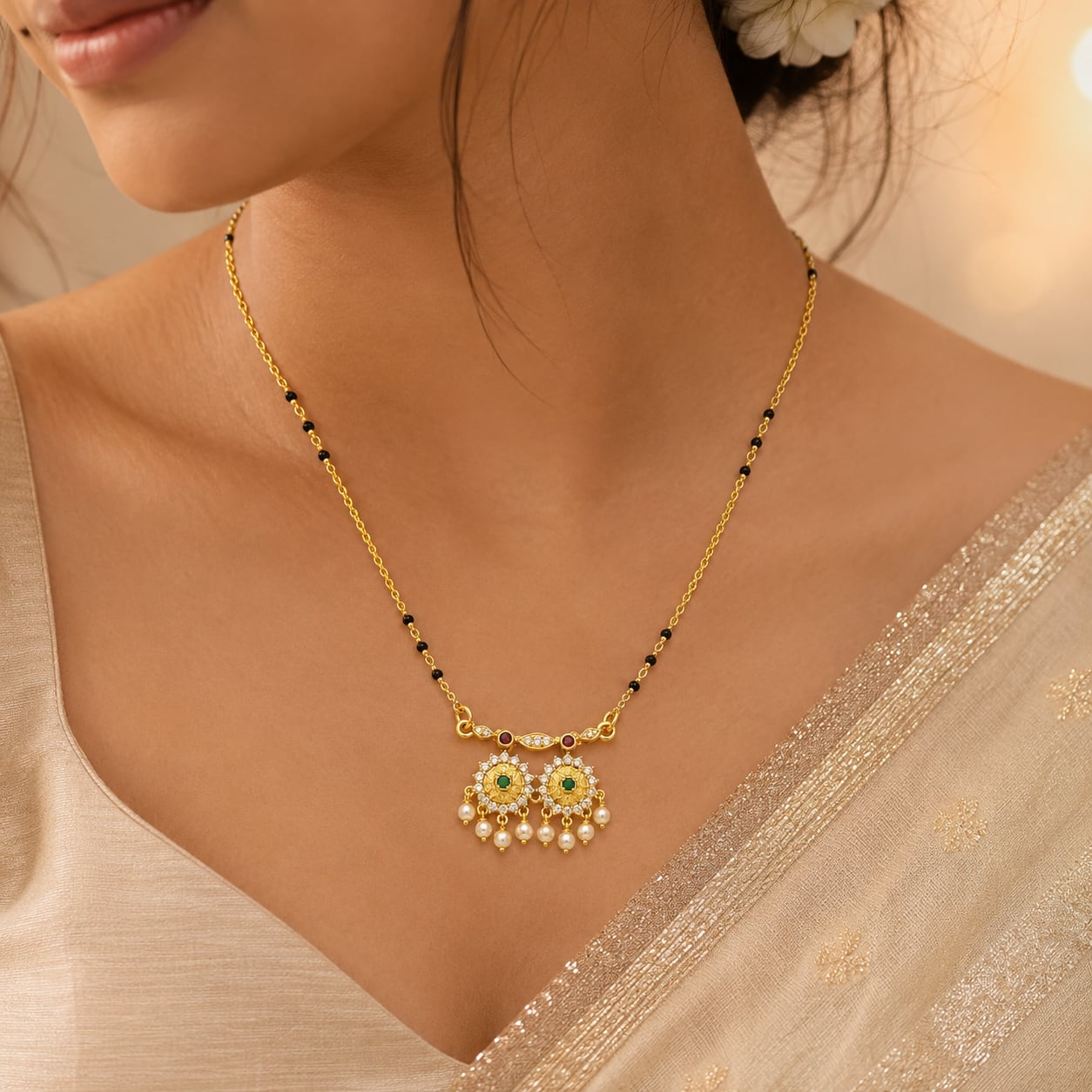 FeelOri black-bead mangalsutra pendant necklace for sarees and festive styling