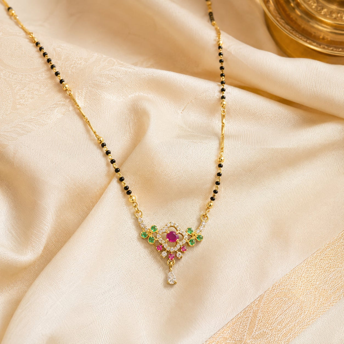 FeelOri Black-Bead Square Centre Mangalsutra Necklace, saree styling view