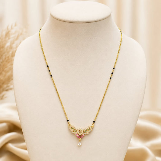 FeelOri Black-Bead Curved Leaf Mangalsutra Necklace, model styling view