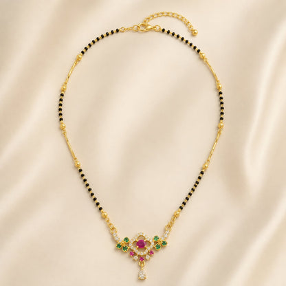 FeelOri black-bead mangalsutra pendant necklace styled with Indian occasion wear