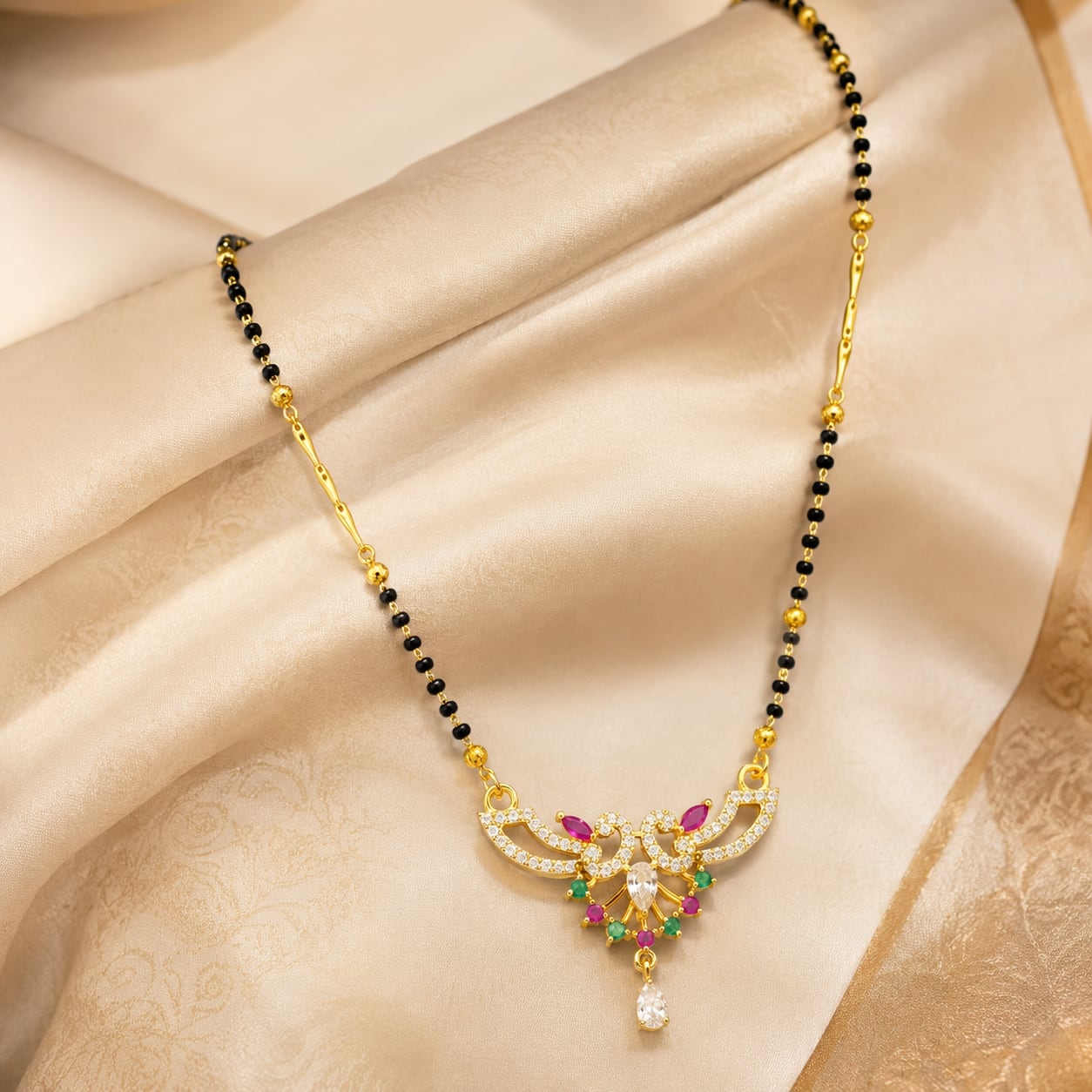 FeelOri black-bead mangalsutra pendant necklace styled with Indian occasion wear