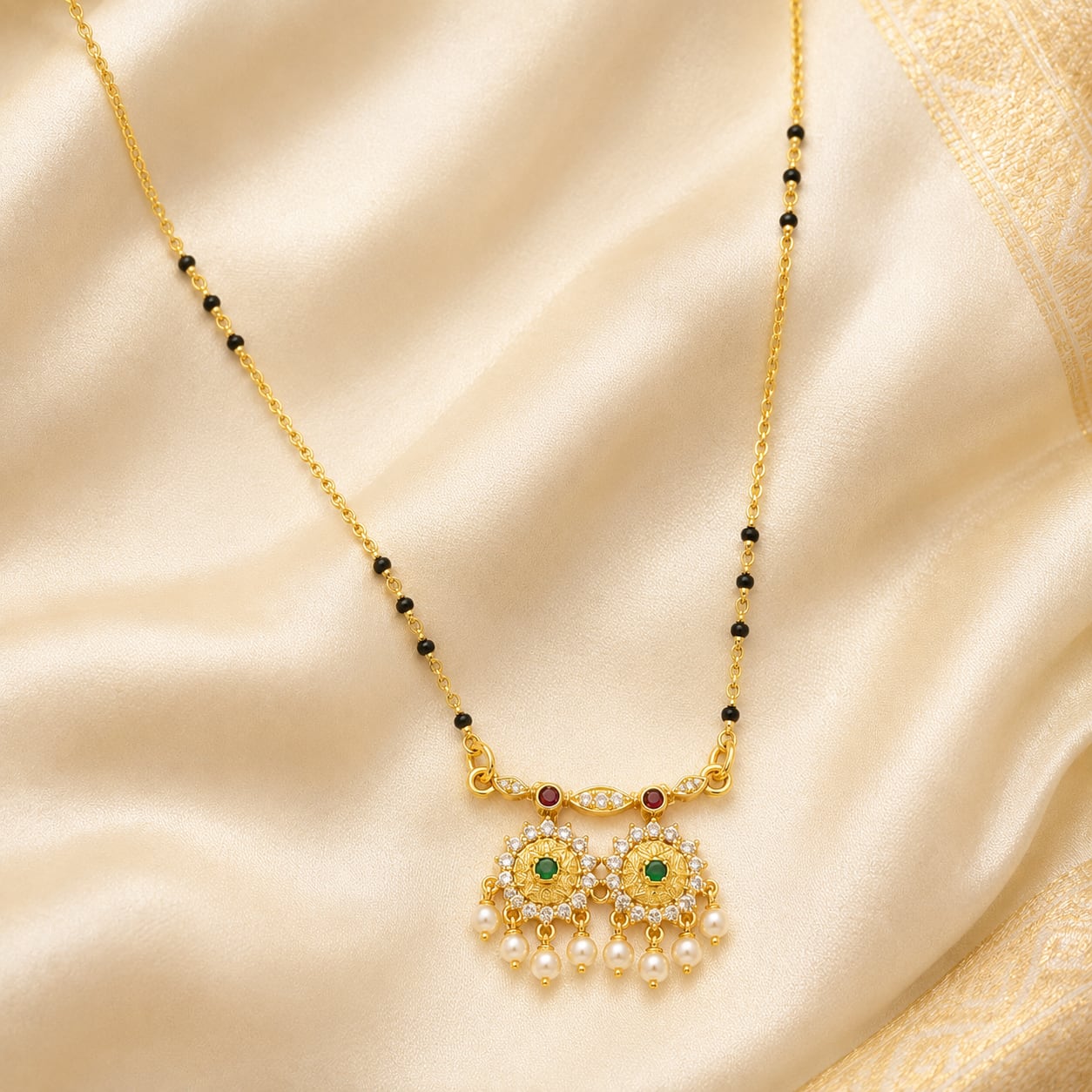 FeelOri black-bead mangalsutra pendant necklace styled with saree fabric for Indian occasion wear