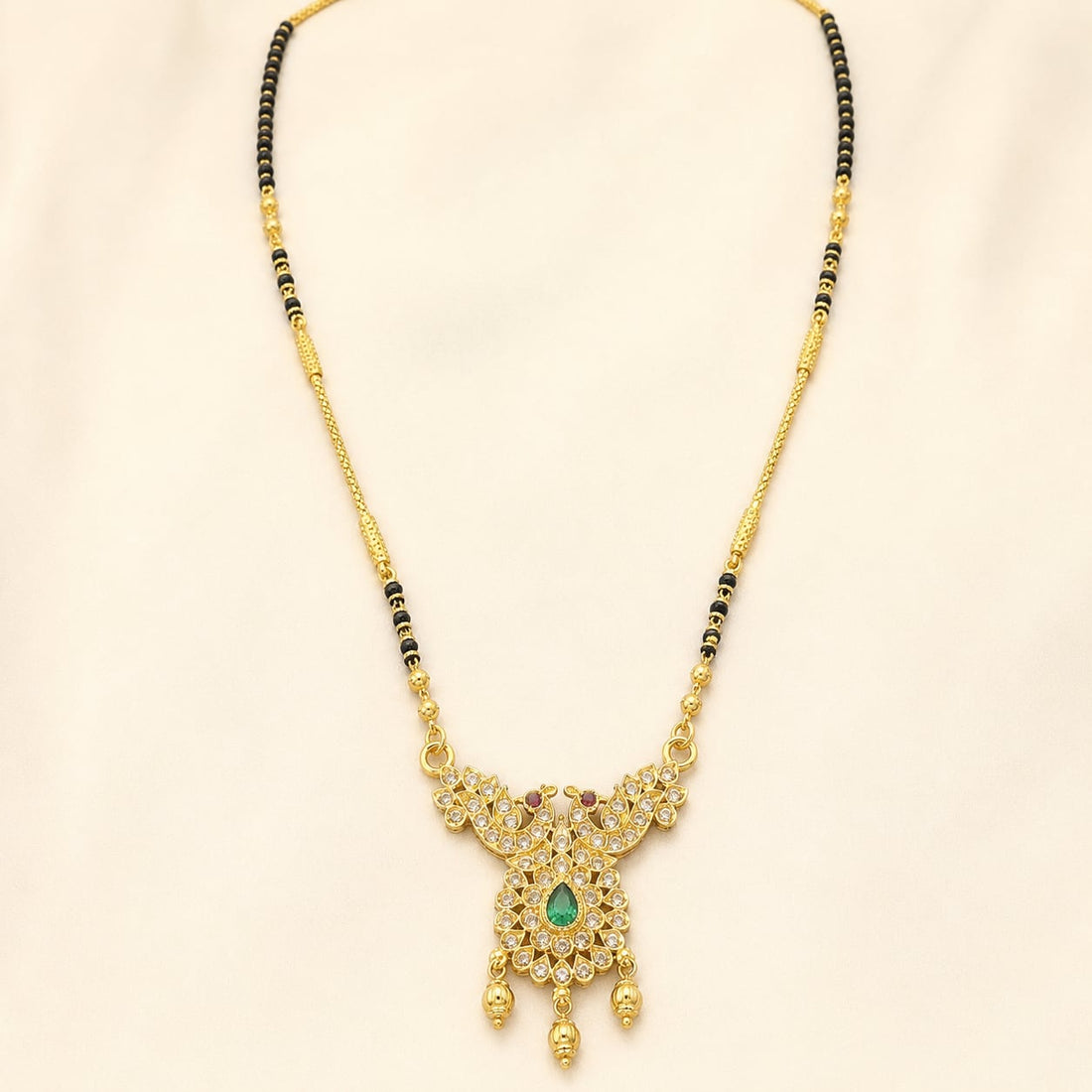 FeelOri Black-Bead Peacock Drop Mangalsutra Necklace, model styling view
