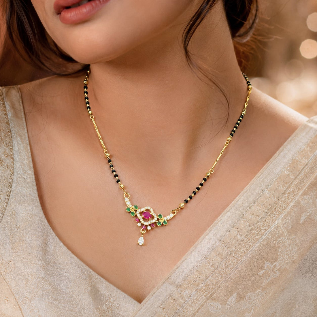 FeelOri Black-Bead Square Centre Mangalsutra Necklace, model styling view