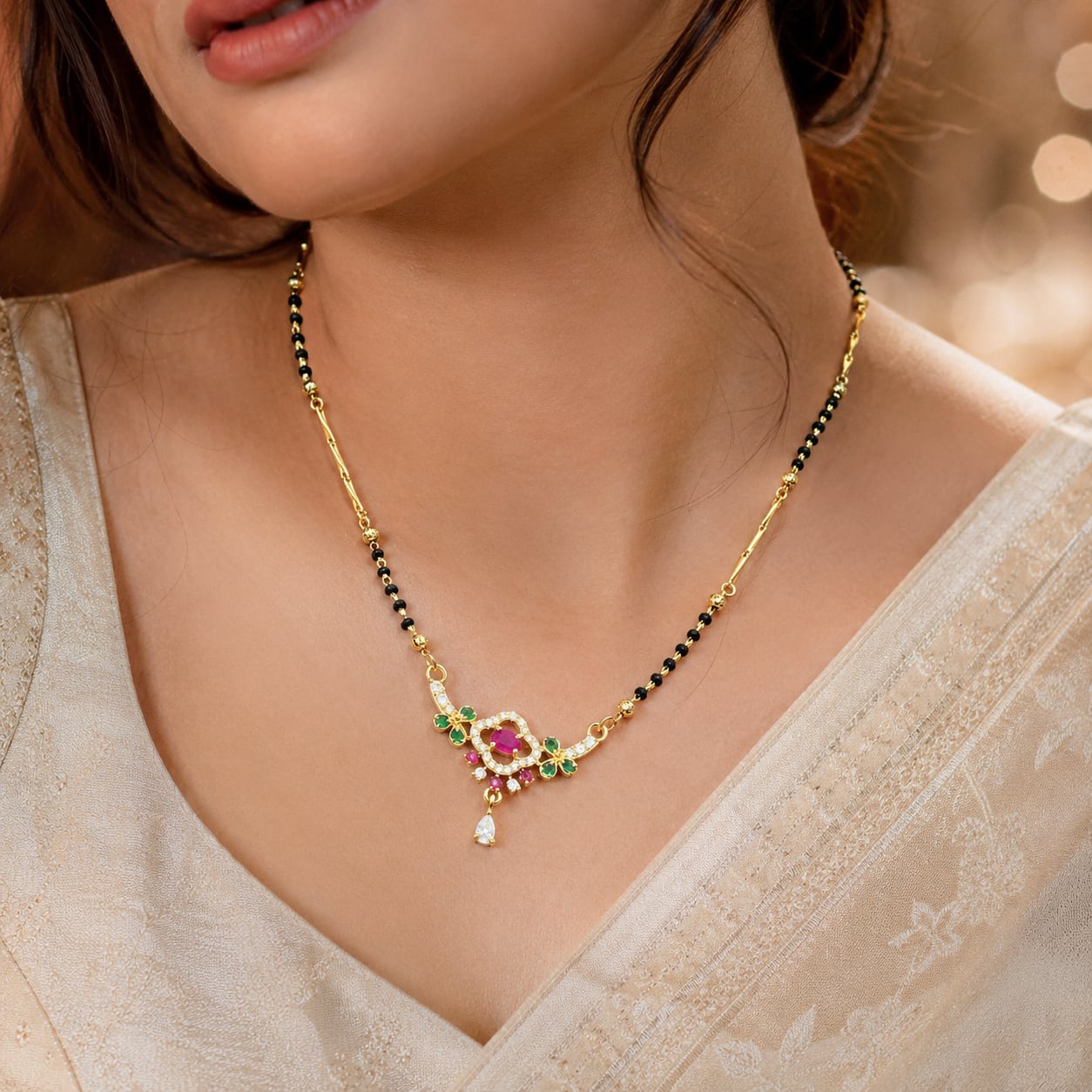 FeelOri black-bead mangalsutra pendant necklace styled with saree fabric for Indian occasion wear