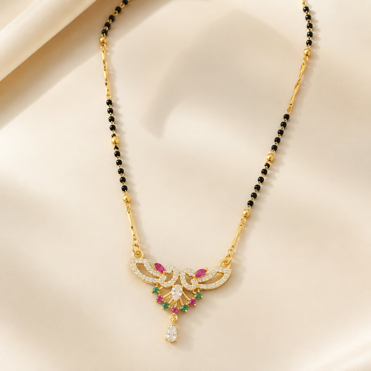FeelOri black-bead mangalsutra pendant necklace styled with saree fabric for Indian occasion wear