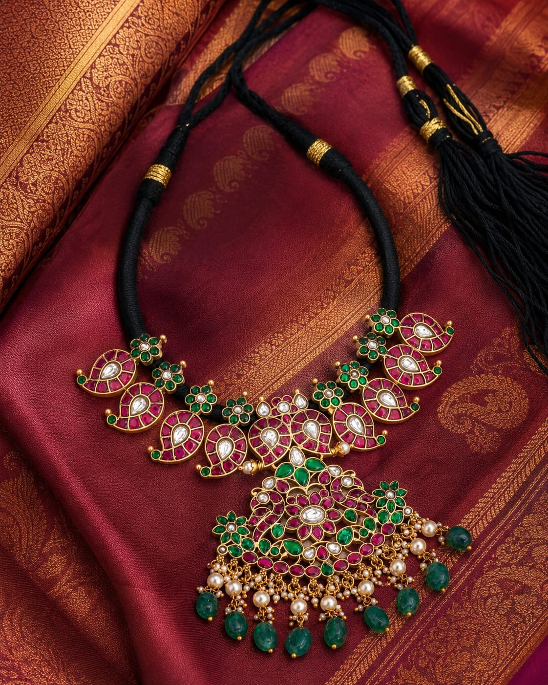 FeelOri black-toned bead floral pendant jadau kundan necklace close-up of kundan stones and jadau work