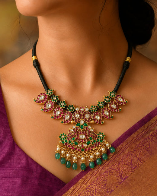 FeelOri black-toned bead floral pendant jadau kundan necklace on jewellery display