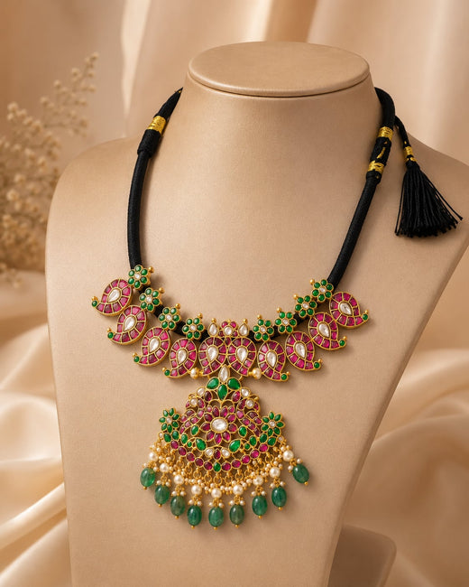 FeelOri black-toned bead floral pendant jadau kundan necklace for pattu saree styling