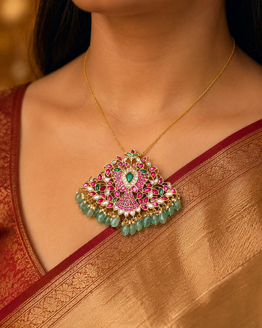 FeelOri broad floral green drop jadau kundan pendant set listed as pendant set on jewellery display