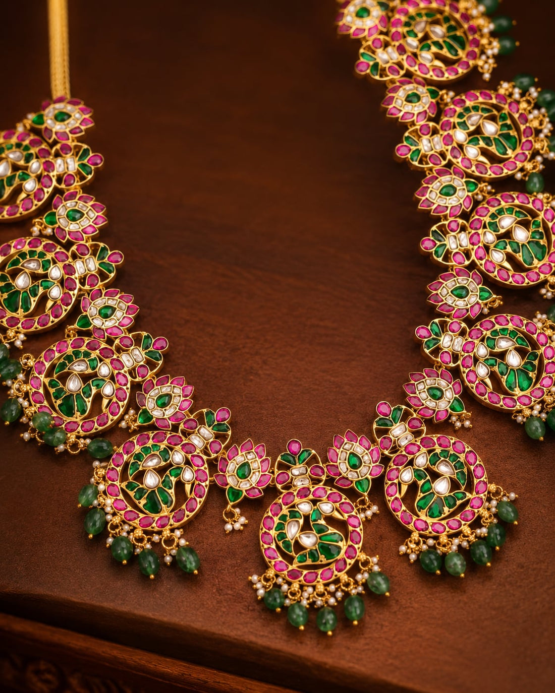 FeelOri broad floral panel jadau kundan long haram necklace close-up of kundan stones and jadau work