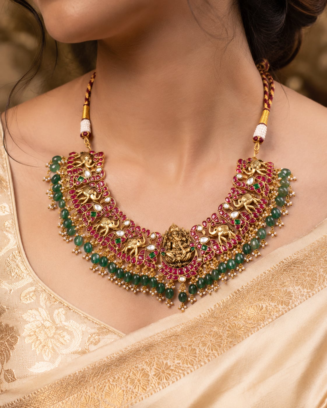 FeelOri broad floral panel jadau kundan necklace on jewellery display
