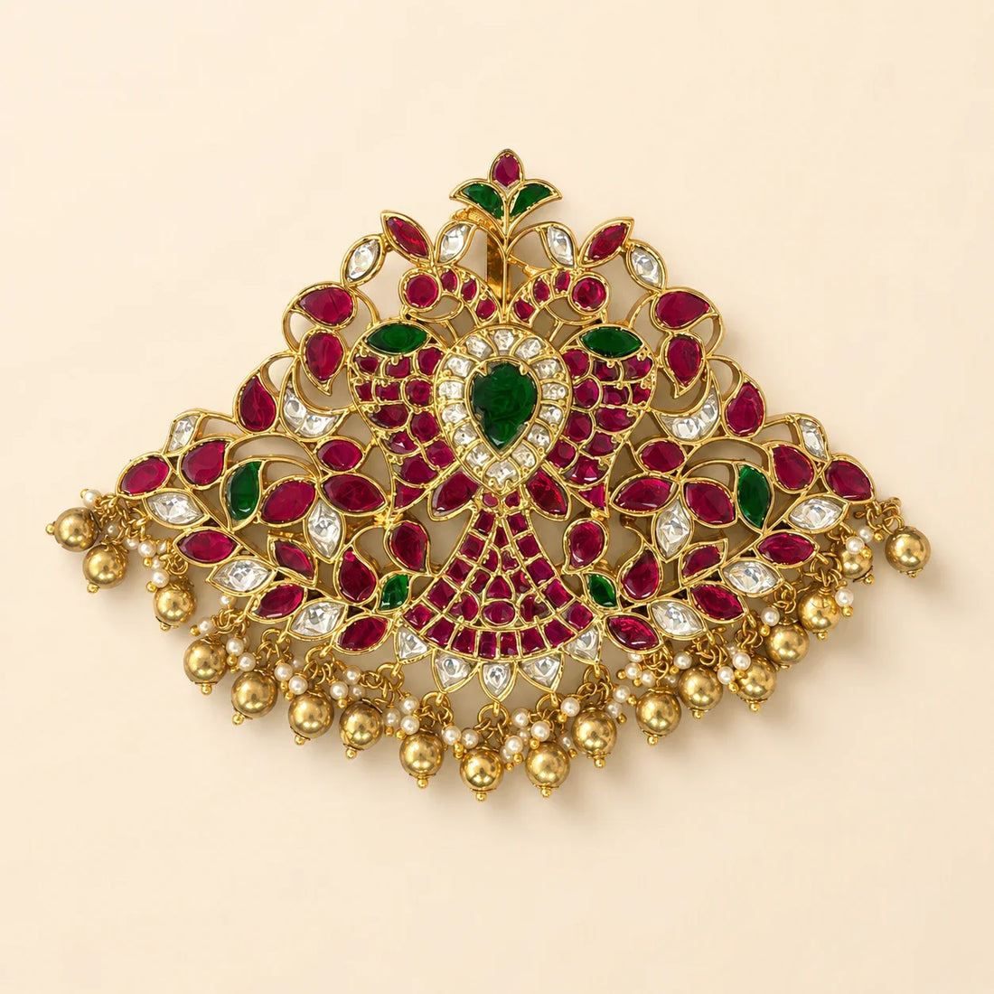 Front view of FeelOri broad twin-peacock Jadau Kundan pendant with ruby-coloured, white and green details