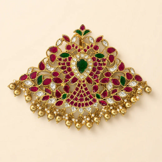 Front view of FeelOri broad twin-peacock Jadau Kundan pendant with ruby-coloured, white and green details