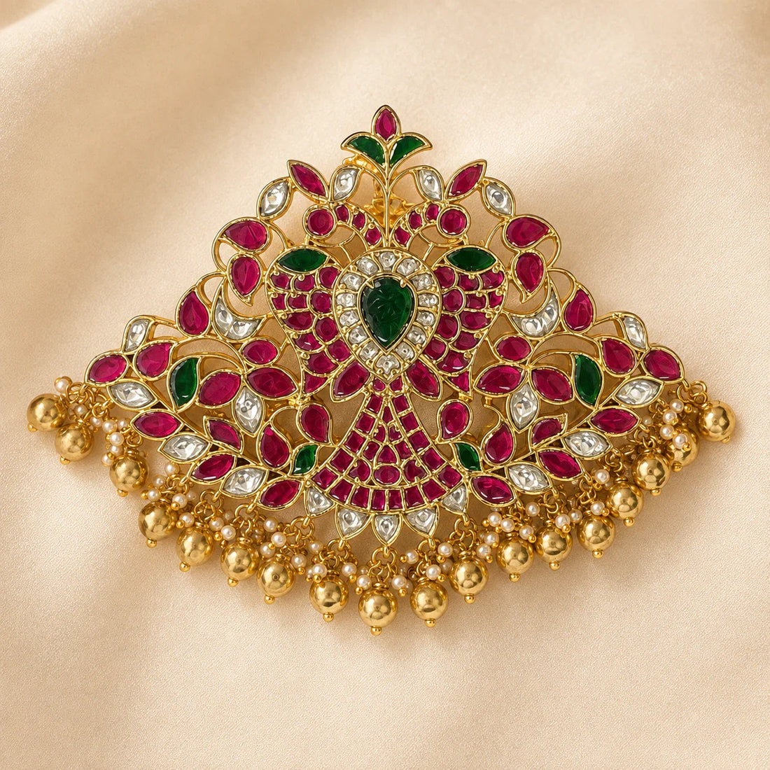 FeelOri broad twin-peacock Jadau Kundan green-drop pendant displayed on ivory satin