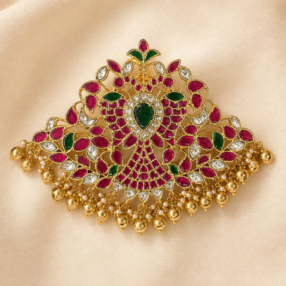 FeelOri broad twin-peacock Jadau Kundan green-drop pendant displayed on ivory satin