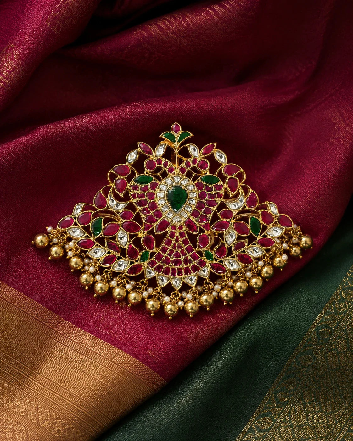 Broad twin-peacock Jadau Kundan pendant styled on maroon and green silk fabric
